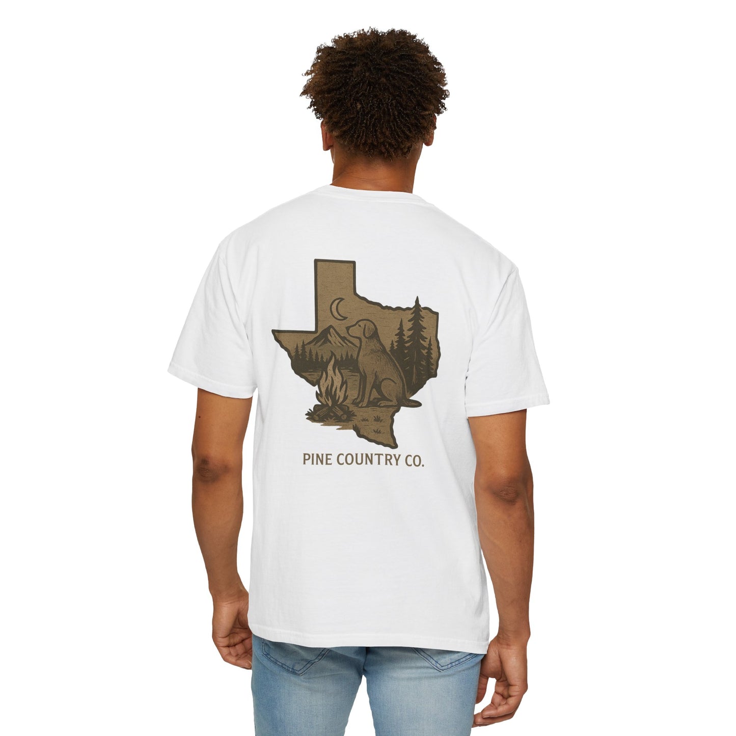 Campfire & Pines Comfort Colors® T-Shirt – Rustic Texas Graphic Tee for Camping, Trails & Outdoor Life