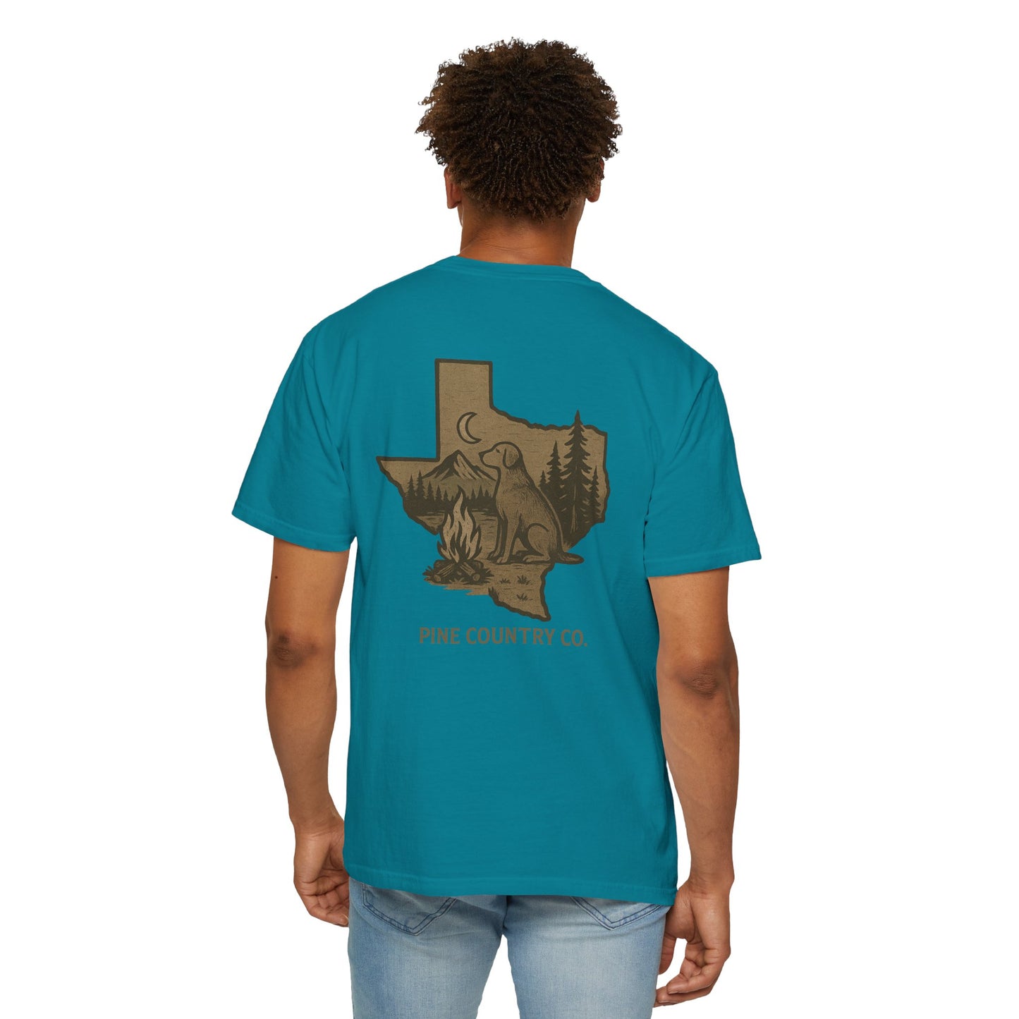 Campfire & Pines Comfort Colors® T-Shirt – Rustic Texas Graphic Tee for Camping, Trails & Outdoor Life