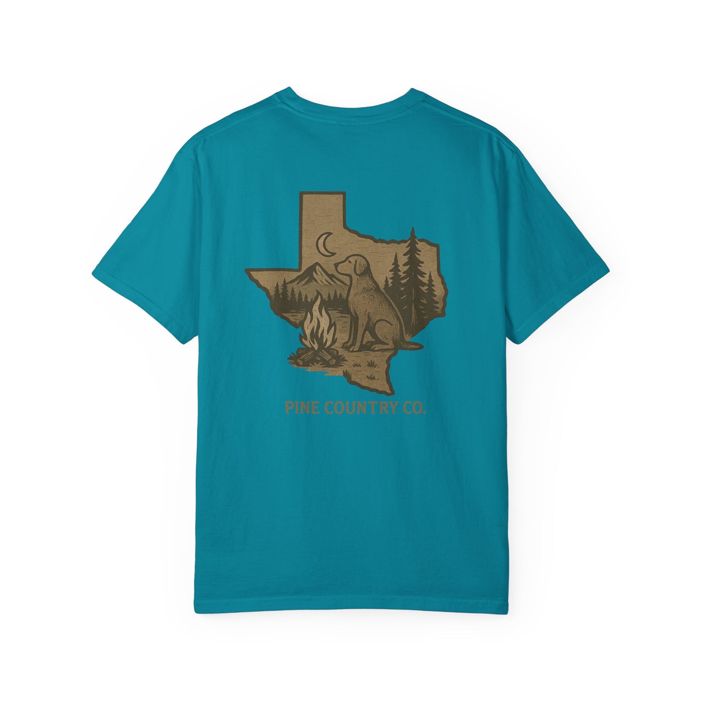 Campfire & Pines Comfort Colors® T-Shirt – Rustic Texas Graphic Tee for Camping, Trails & Outdoor Life