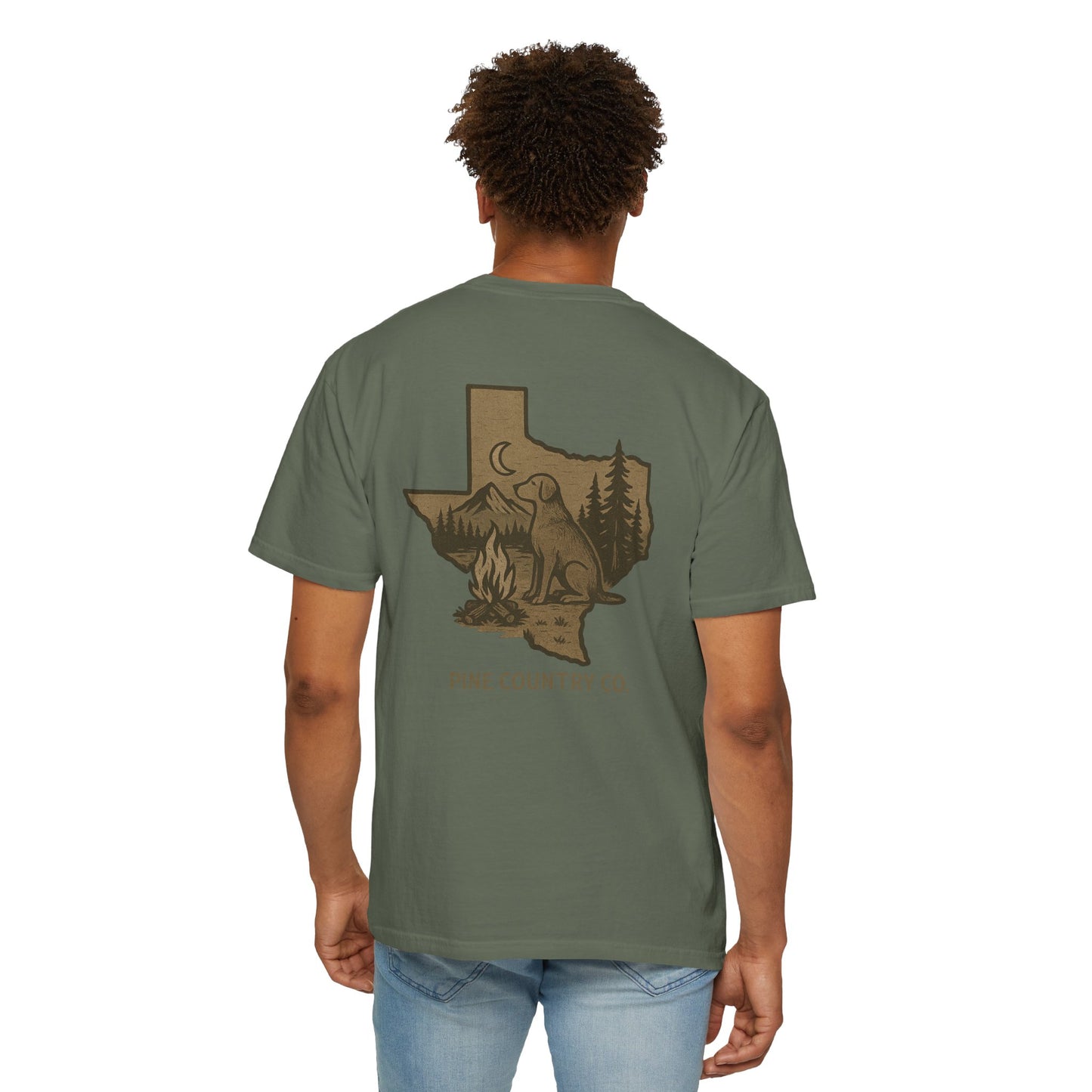 Campfire & Pines Comfort Colors® T-Shirt – Rustic Texas Graphic Tee for Camping, Trails & Outdoor Life