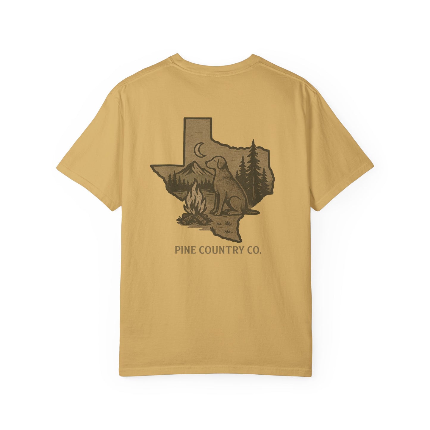 Campfire & Pines Comfort Colors® T-Shirt – Rustic Texas Graphic Tee for Camping, Trails & Outdoor Life