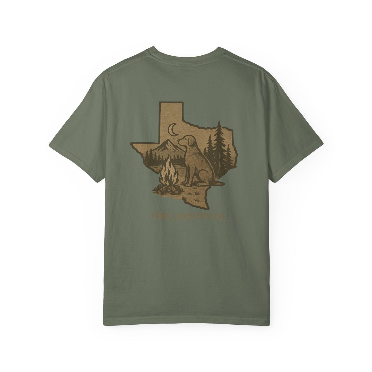 Campfire & Pines Comfort Colors® T-Shirt – Rustic Texas Graphic Tee for Camping, Trails & Outdoor Life