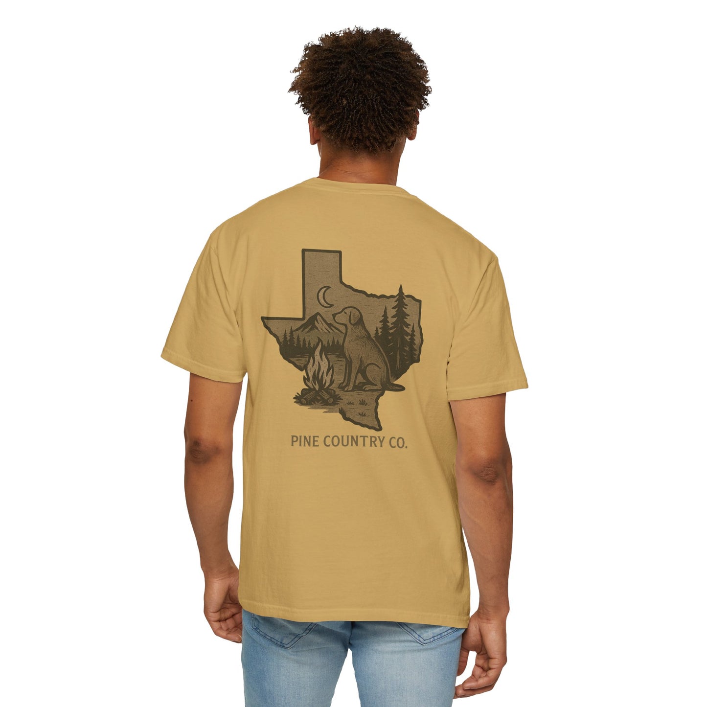 Campfire & Pines Comfort Colors® T-Shirt – Rustic Texas Graphic Tee for Camping, Trails & Outdoor Life