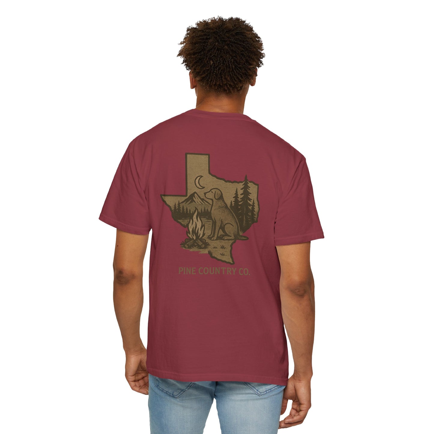 Campfire & Pines Comfort Colors® T-Shirt – Rustic Texas Graphic Tee for Camping, Trails & Outdoor Life