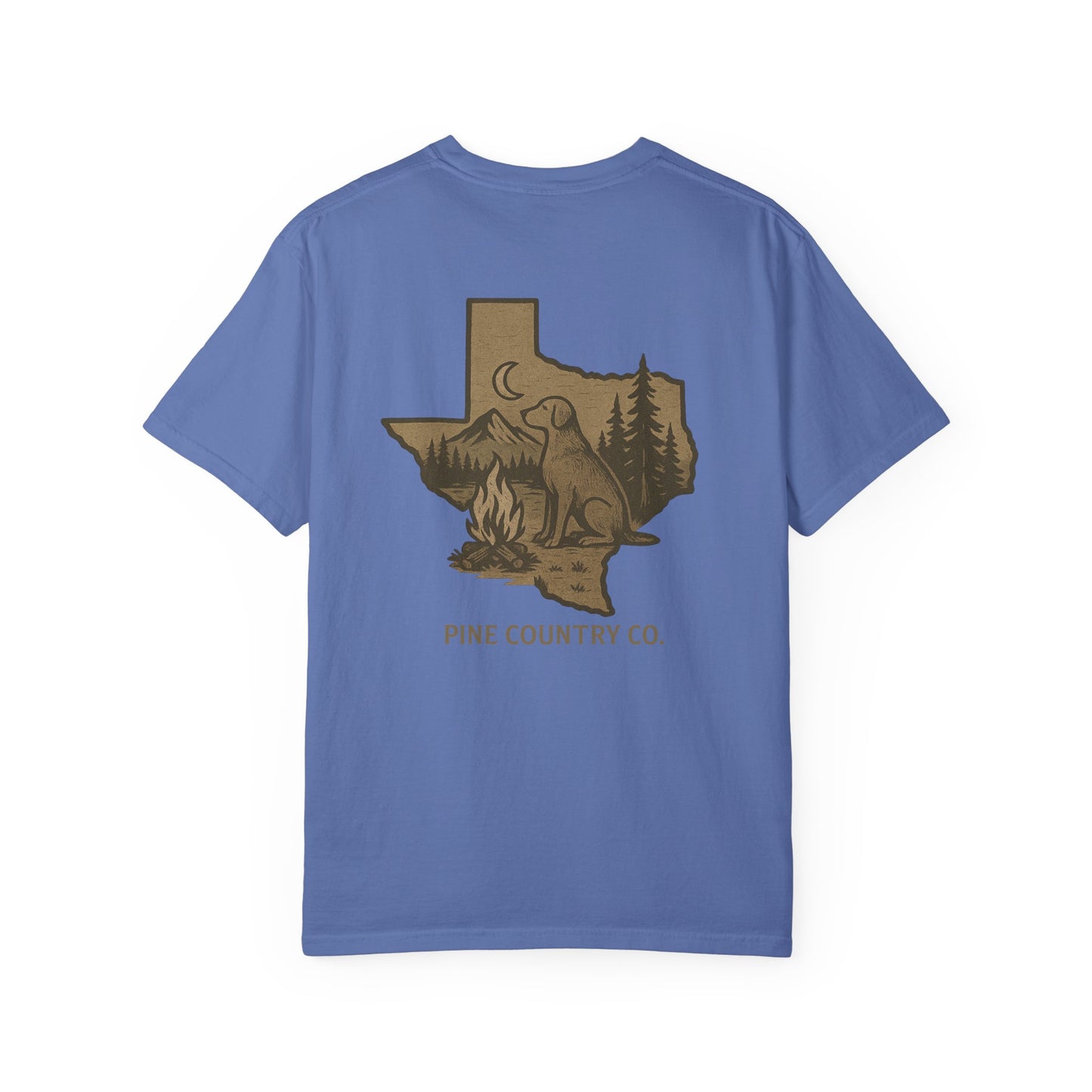 Campfire & Pines Comfort Colors® T-Shirt – Rustic Texas Graphic Tee for Camping, Trails & Outdoor Life