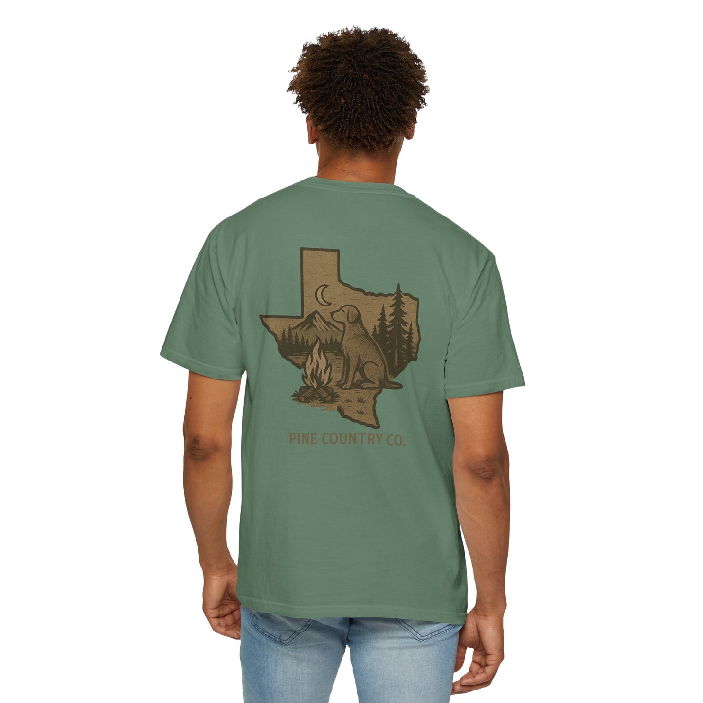 Campfire & Pines Comfort Colors® T-Shirt – Rustic Texas Graphic Tee for Camping, Trails & Outdoor Life