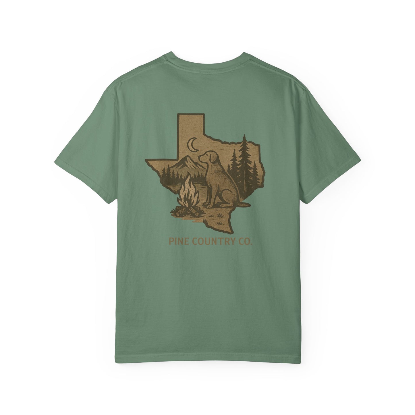 Campfire & Pines Comfort Colors® T-Shirt – Rustic Texas Graphic Tee for Camping, Trails & Outdoor Life