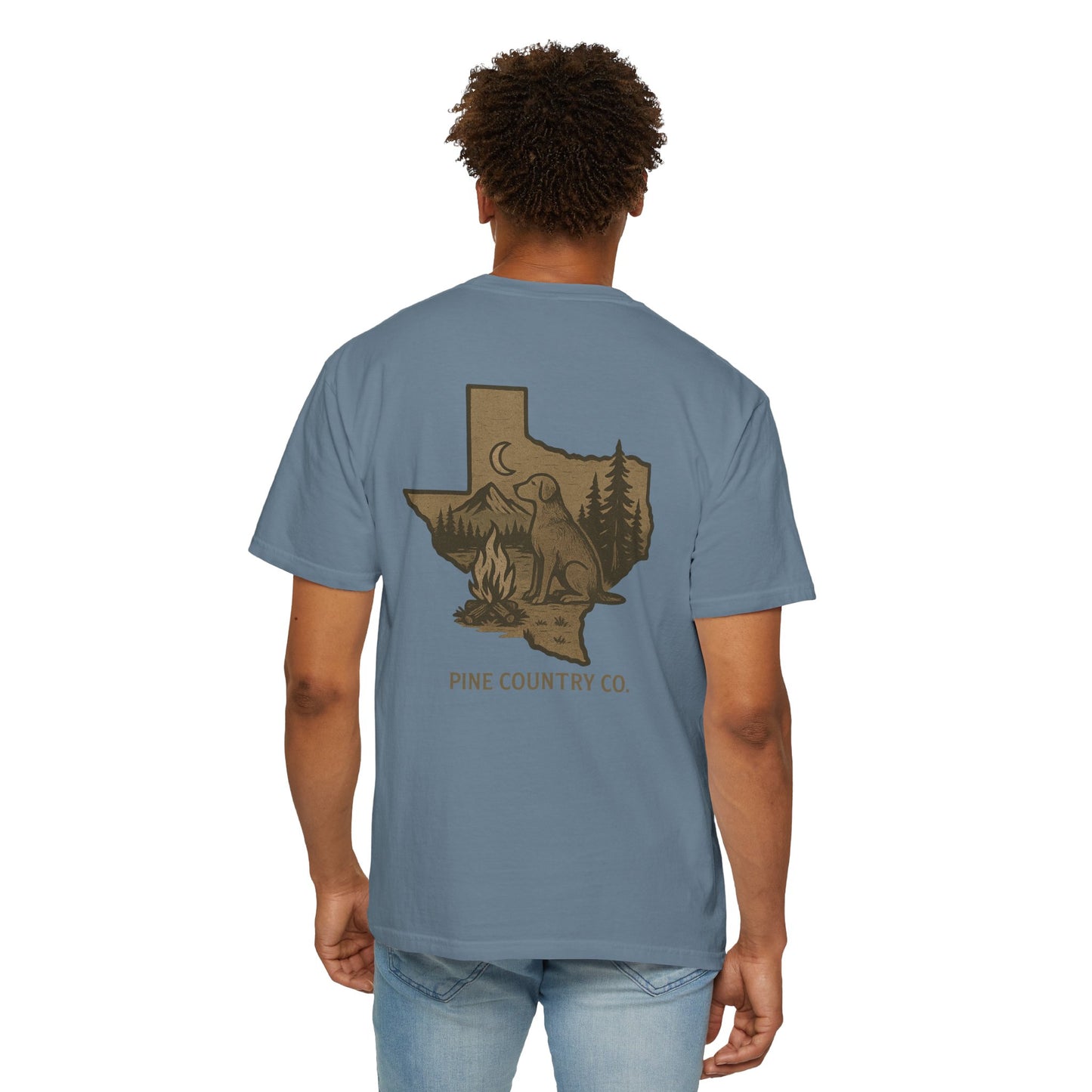 Campfire & Pines Comfort Colors® T-Shirt – Rustic Texas Graphic Tee for Camping, Trails & Outdoor Life