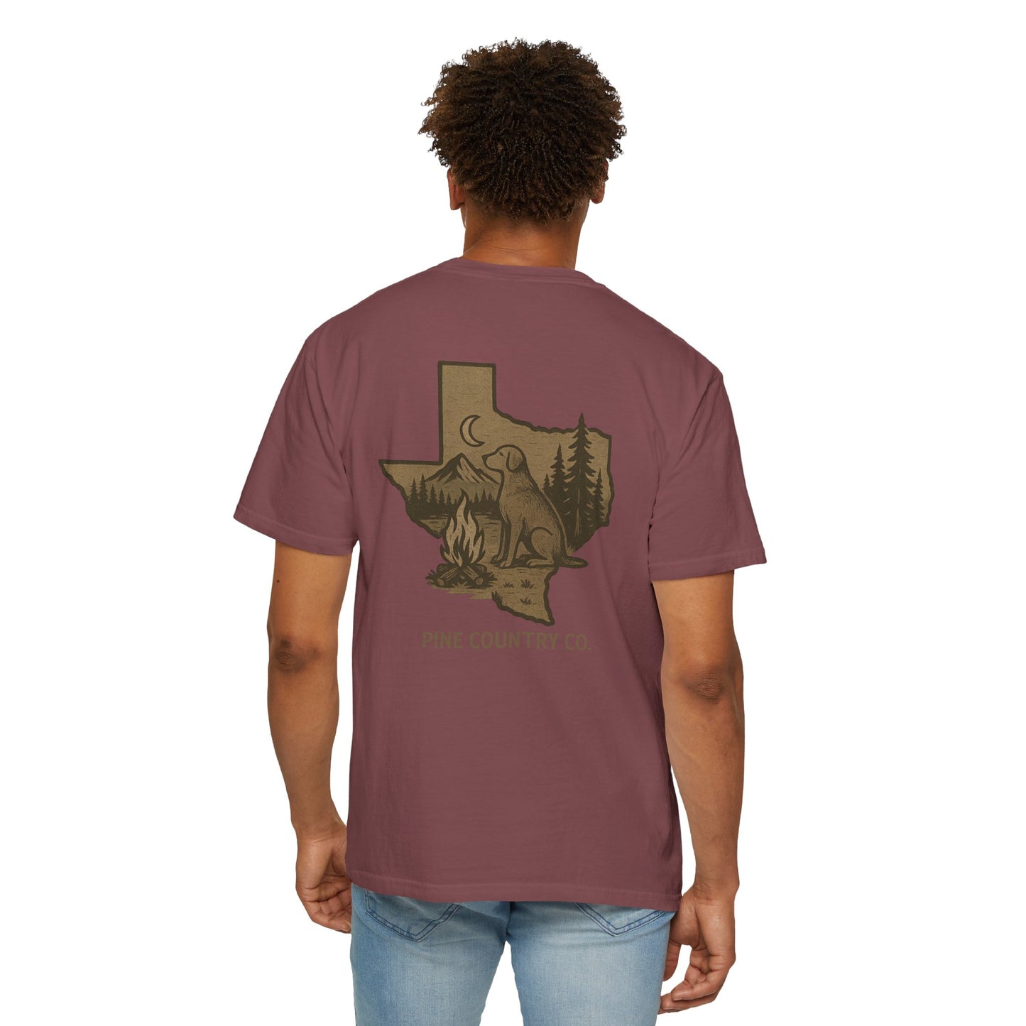 Campfire & Pines Comfort Colors® T-Shirt – Rustic Texas Graphic Tee for Camping, Trails & Outdoor Life