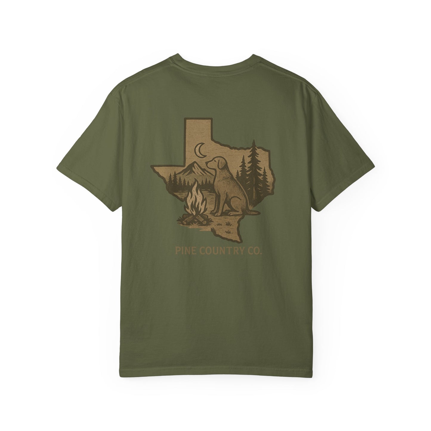 Campfire & Pines Comfort Colors® T-Shirt – Rustic Texas Graphic Tee for Camping, Trails & Outdoor Life