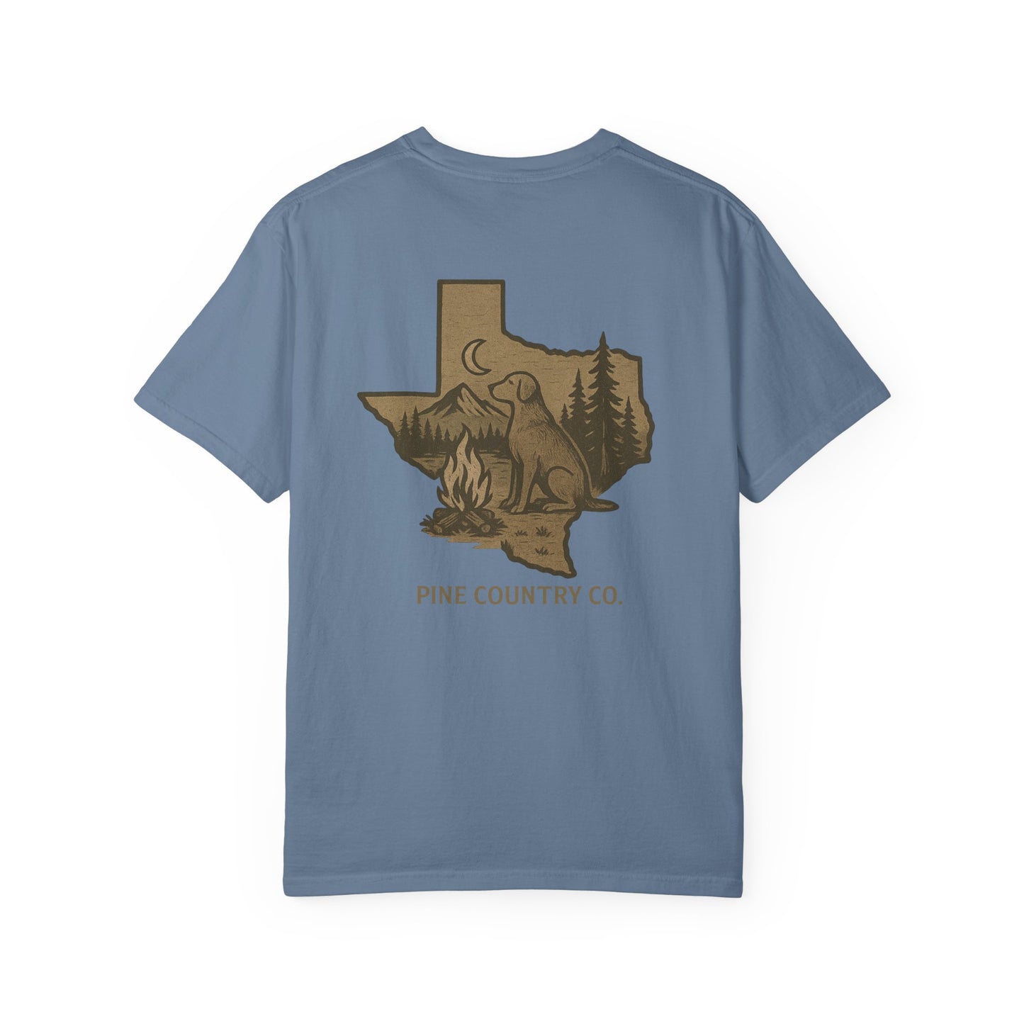 Campfire & Pines Comfort Colors® T-Shirt – Rustic Texas Graphic Tee for Camping, Trails & Outdoor Life