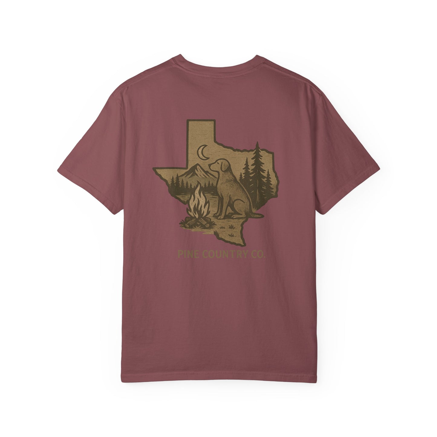 Campfire & Pines Comfort Colors® T-Shirt – Rustic Texas Graphic Tee for Camping, Trails & Outdoor Life