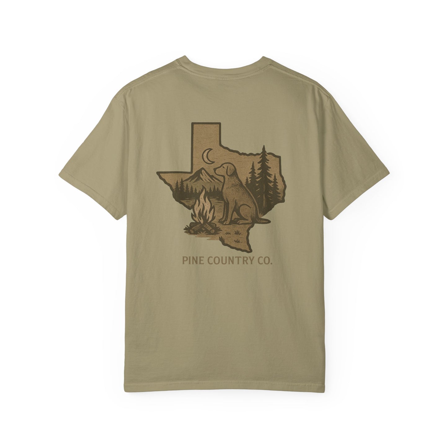 Campfire & Pines Comfort Colors® T-Shirt – Rustic Texas Graphic Tee for Camping, Trails & Outdoor Life