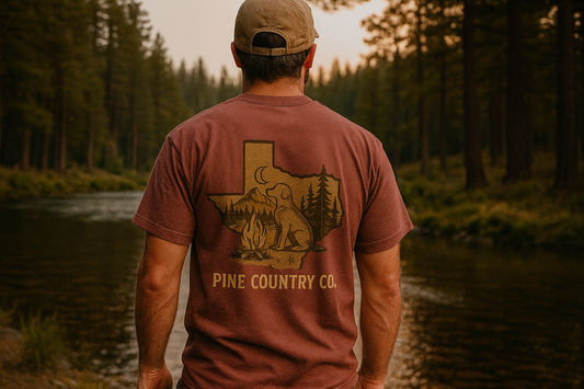Campfire & Pines Comfort Colors® T-Shirt – Rustic Texas Graphic Tee for Camping, Trails & Outdoor Life