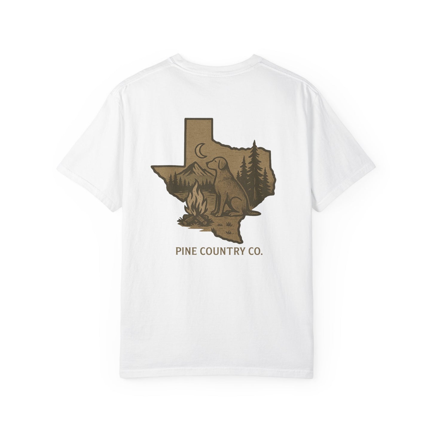 Campfire & Pines Comfort Colors® T-Shirt – Rustic Texas Graphic Tee for Camping, Trails & Outdoor Life