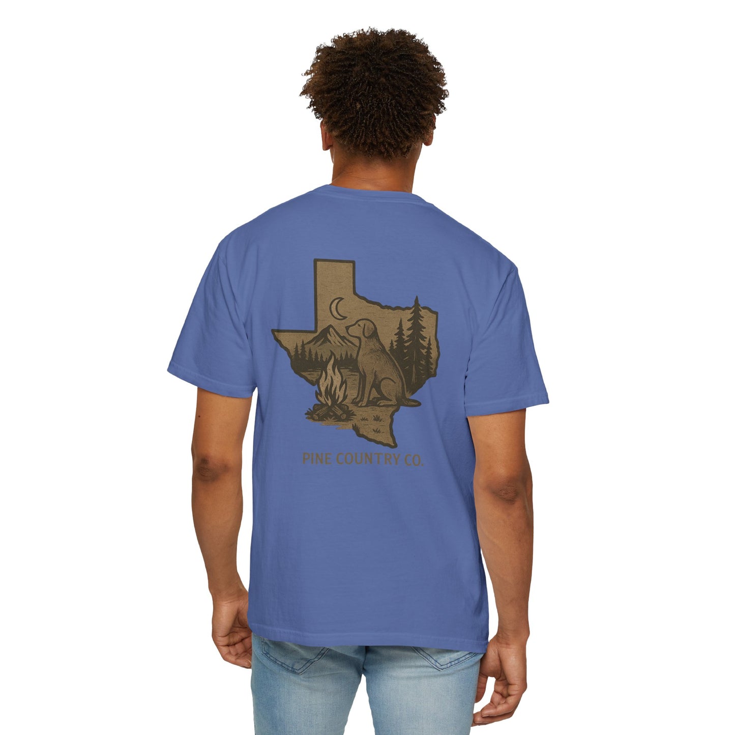 Campfire & Pines Comfort Colors® T-Shirt – Rustic Texas Graphic Tee for Camping, Trails & Outdoor Life