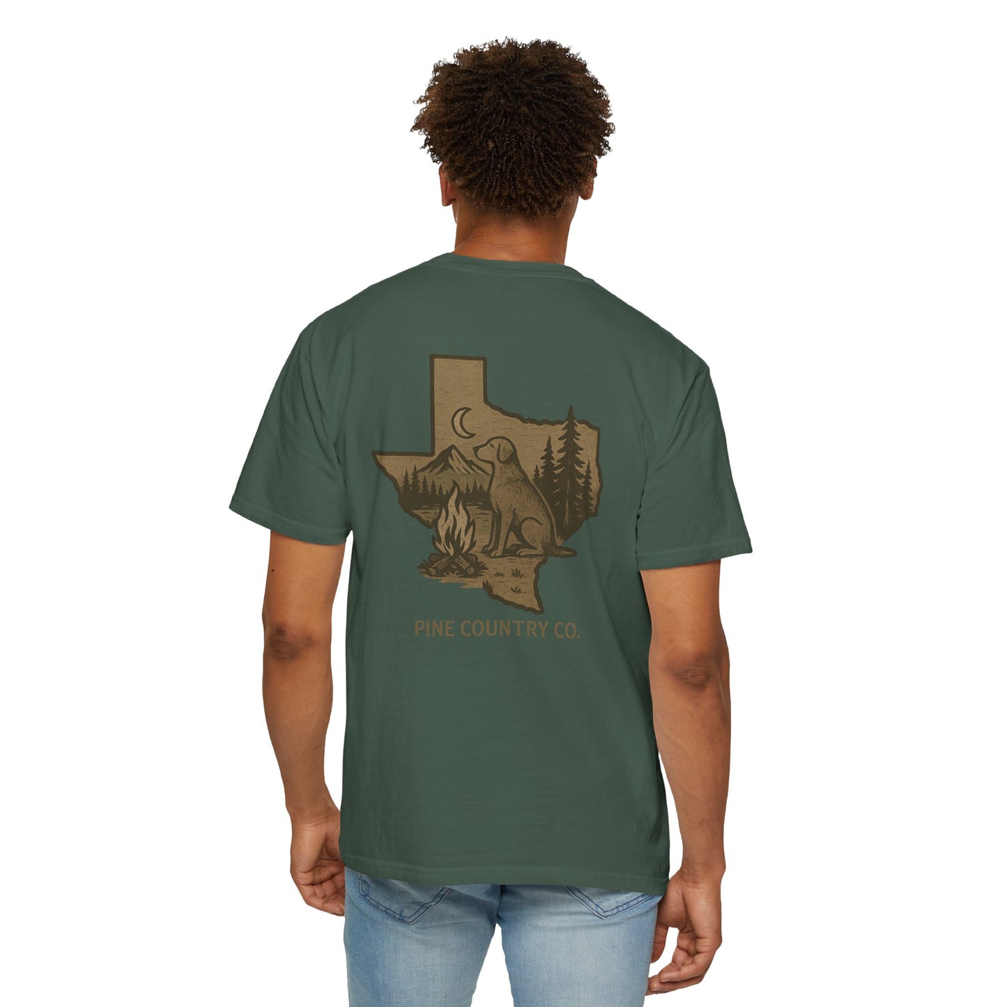 Campfire & Pines Comfort Colors® T-Shirt – Rustic Texas Graphic Tee for Camping, Trails & Outdoor Life