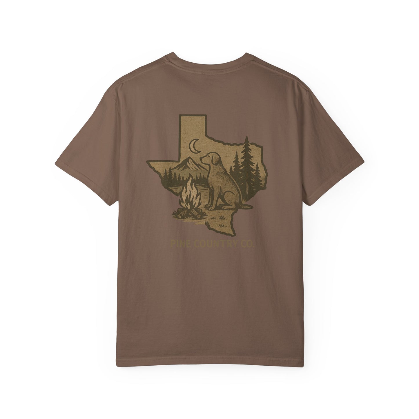 Campfire & Pines Comfort Colors® T-Shirt – Rustic Texas Graphic Tee for Camping, Trails & Outdoor Life
