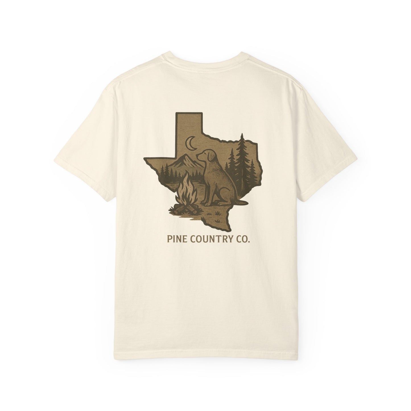 Campfire & Pines Comfort Colors® T-Shirt – Rustic Texas Graphic Tee for Camping, Trails & Outdoor Life