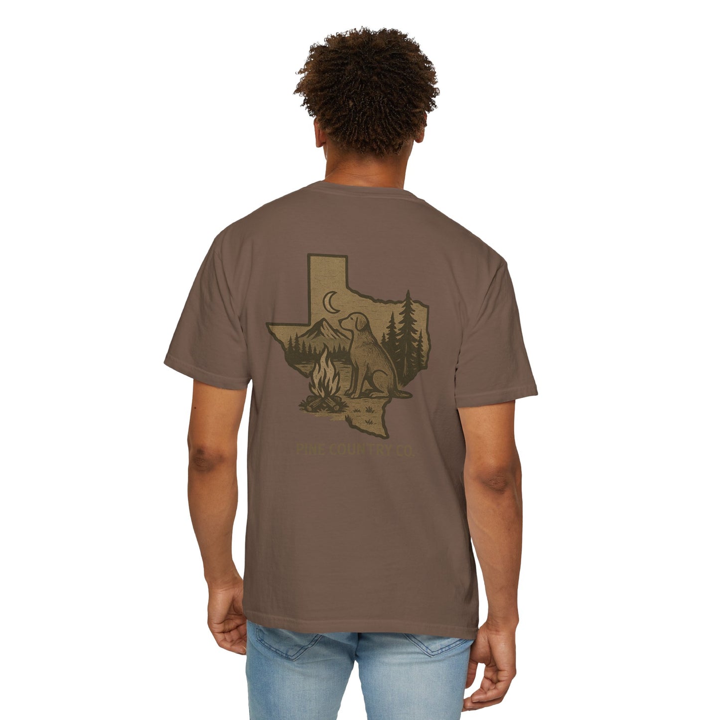 Campfire & Pines Comfort Colors® T-Shirt – Rustic Texas Graphic Tee for Camping, Trails & Outdoor Life
