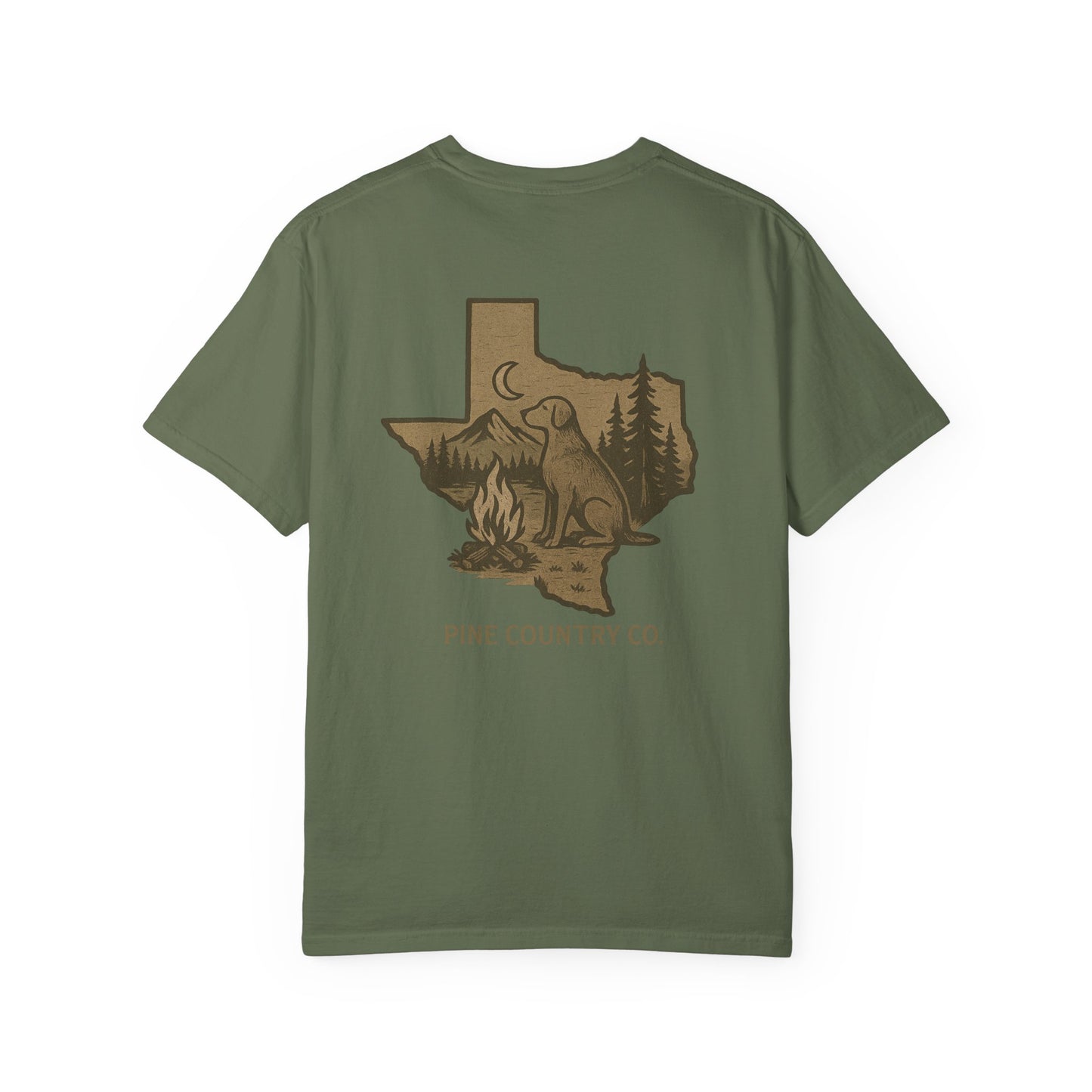 Campfire & Pines Comfort Colors® T-Shirt – Rustic Texas Graphic Tee for Camping, Trails & Outdoor Life