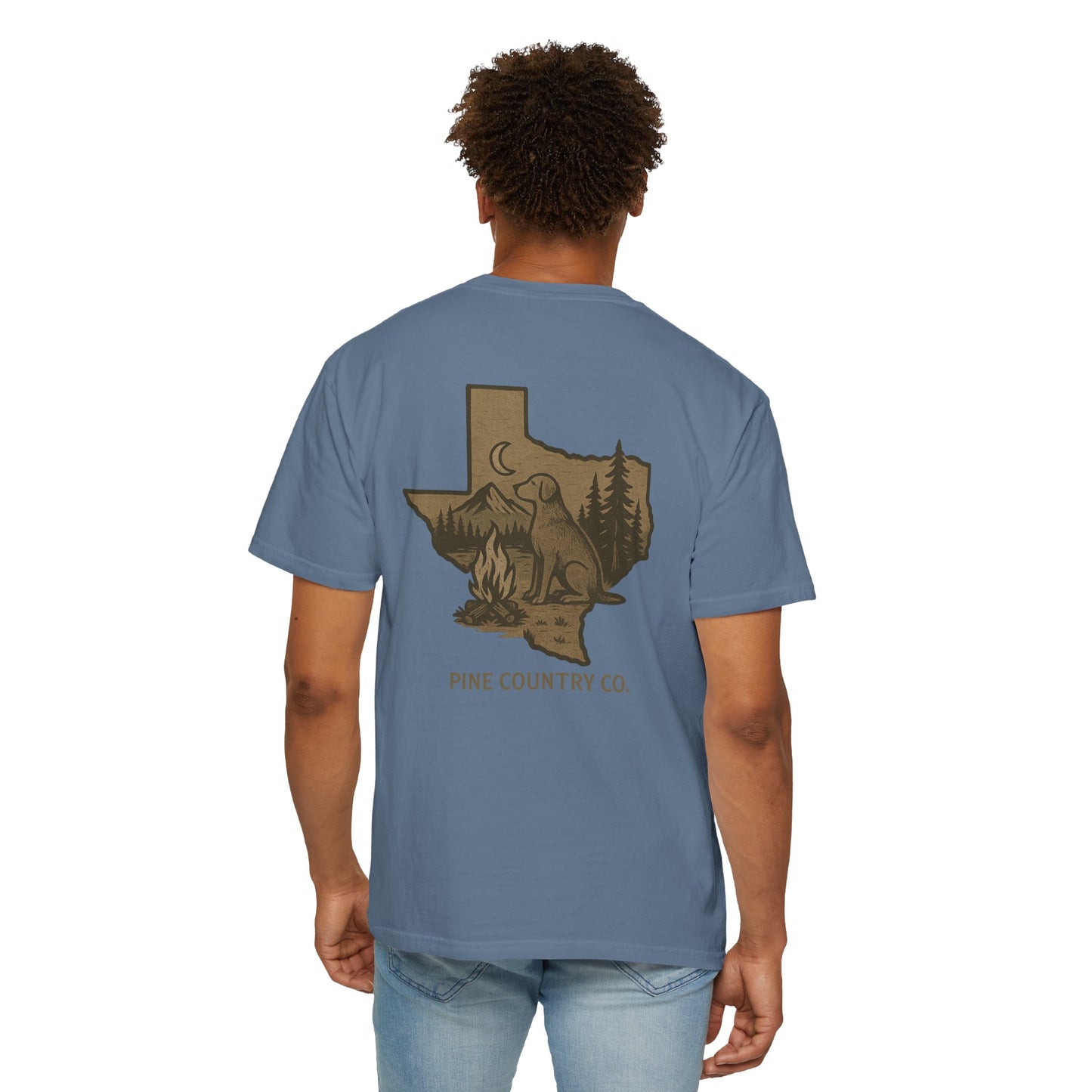 Campfire & Pines Comfort Colors® T-Shirt – Rustic Texas Graphic Tee for Camping, Trails & Outdoor Life