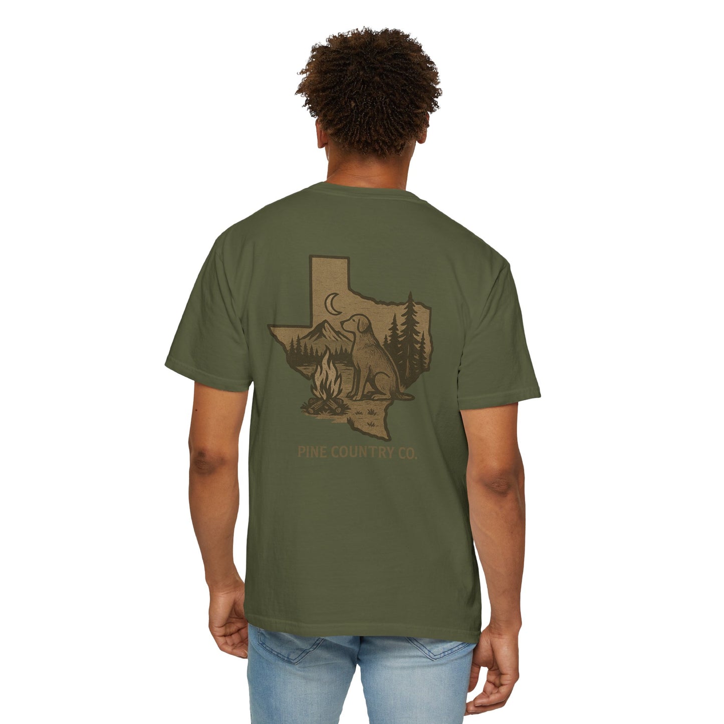 Campfire & Pines Comfort Colors® T-Shirt – Rustic Texas Graphic Tee for Camping, Trails & Outdoor Life