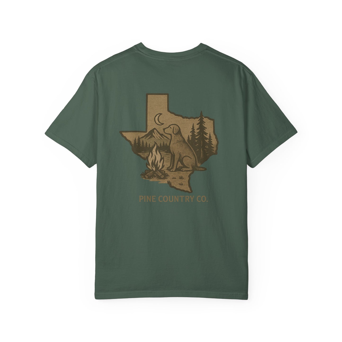Campfire & Pines Comfort Colors® T-Shirt – Rustic Texas Graphic Tee for Camping, Trails & Outdoor Life