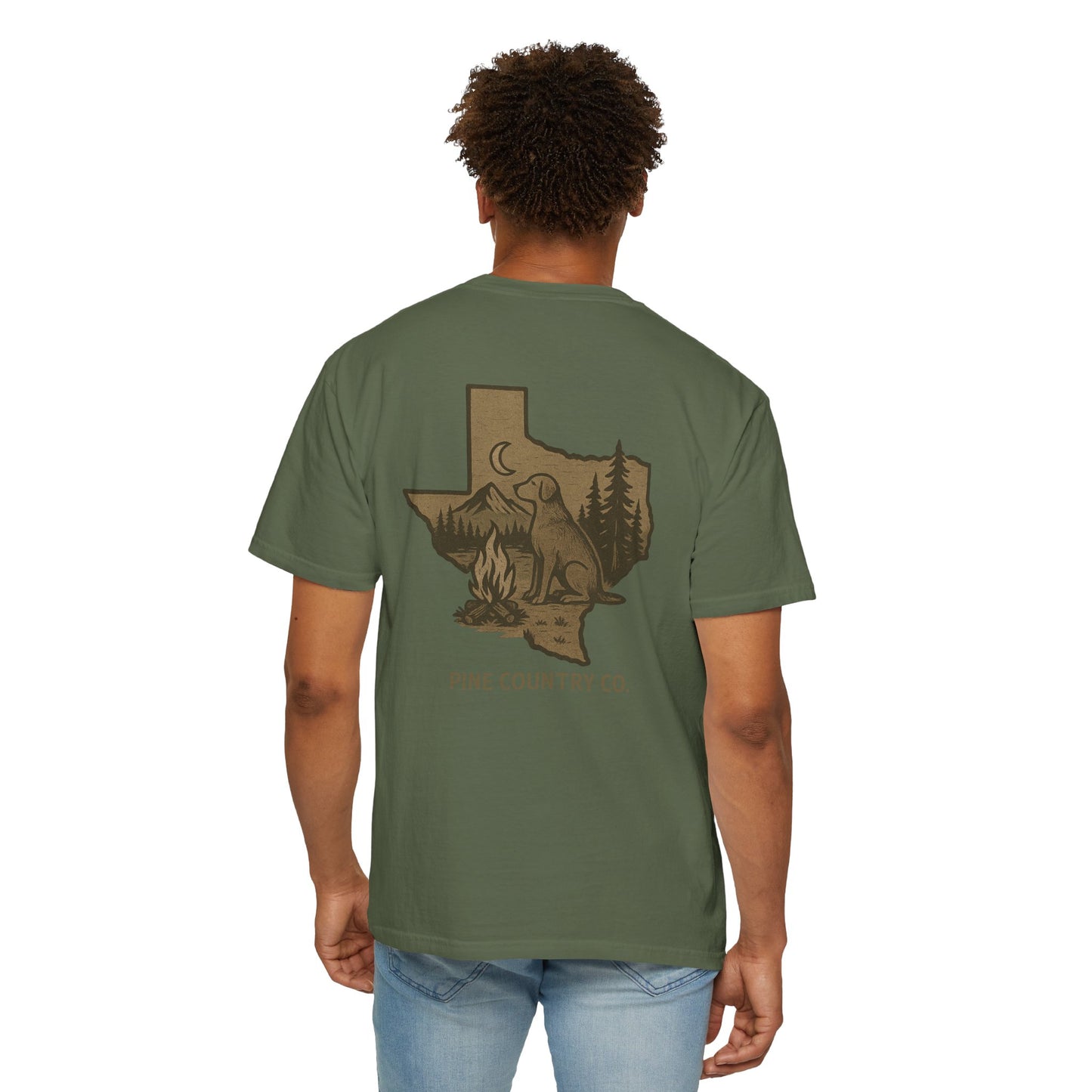 Campfire & Pines Comfort Colors® T-Shirt – Rustic Texas Graphic Tee for Camping, Trails & Outdoor Life