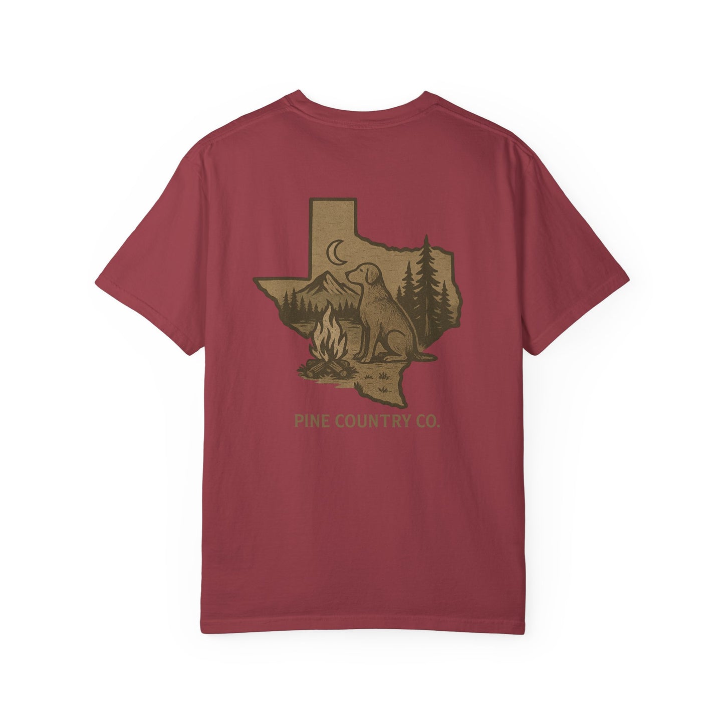 Campfire & Pines Comfort Colors® T-Shirt – Rustic Texas Graphic Tee for Camping, Trails & Outdoor Life